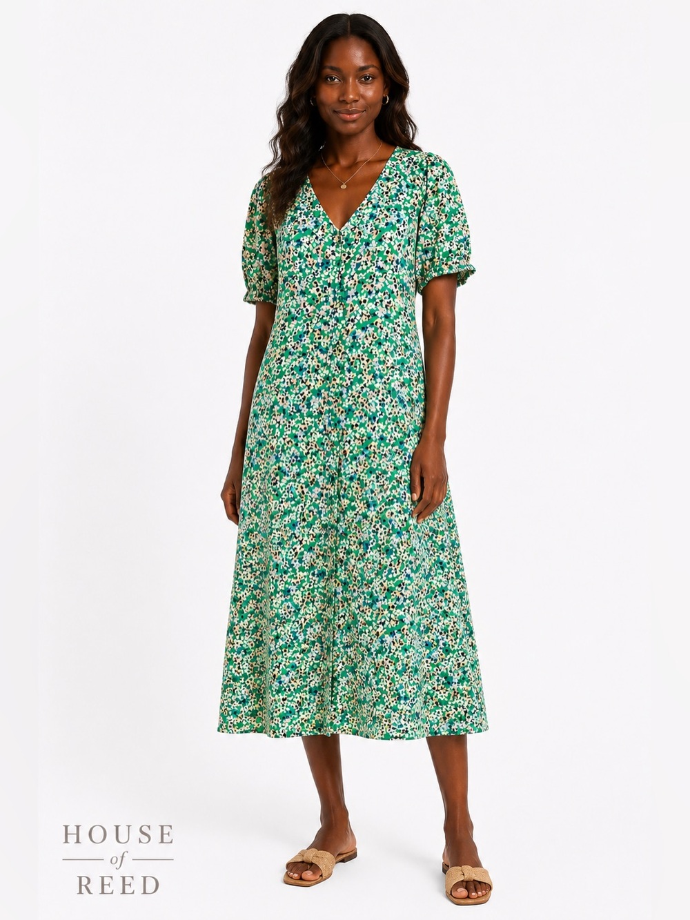 Single Thread Green‎ Floral Midi Dress Rayon Linen Blend Cottagecore Boho Size M